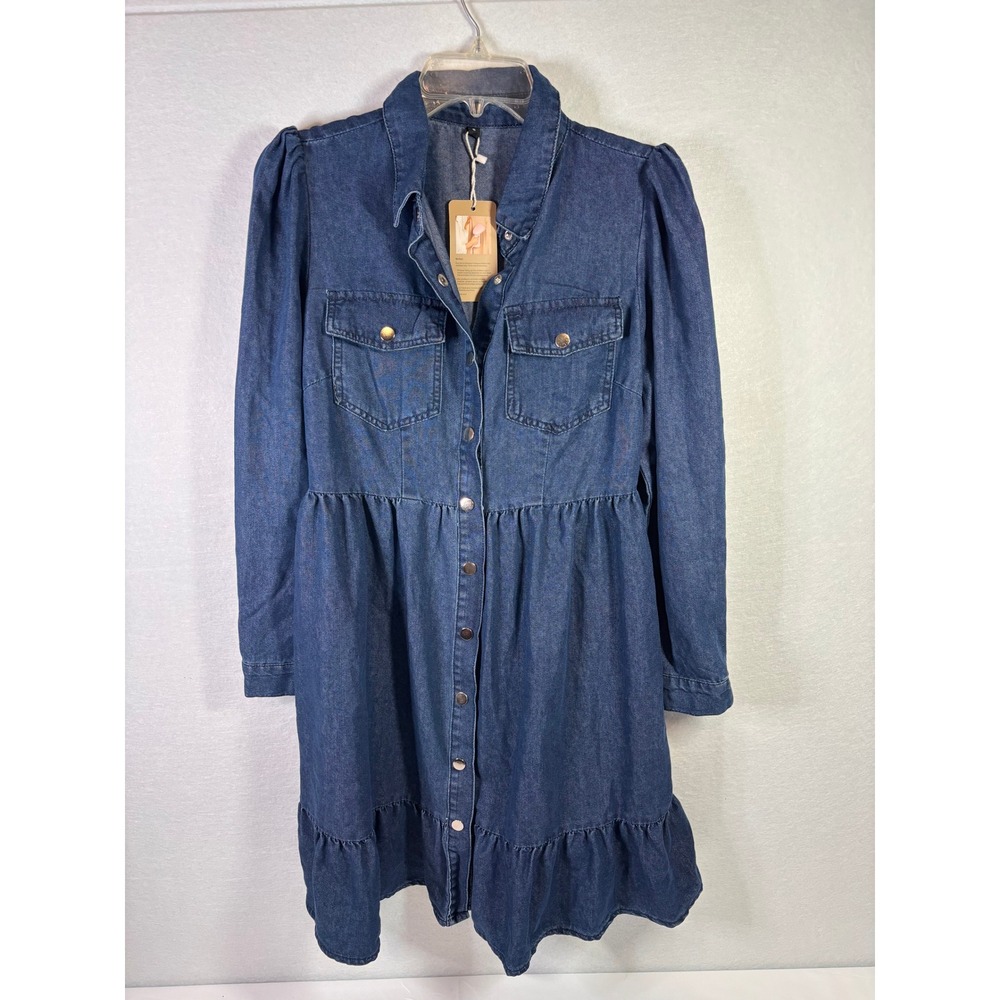 Utcoco Womens Blue Denim Puff Sleeve Tiered Ruffle Mini Shirt Dress Size S NWT